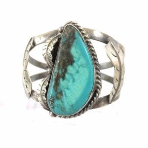 Sterling Southwest Native American Style Kingman Silver Matrix Turquoise Cuff